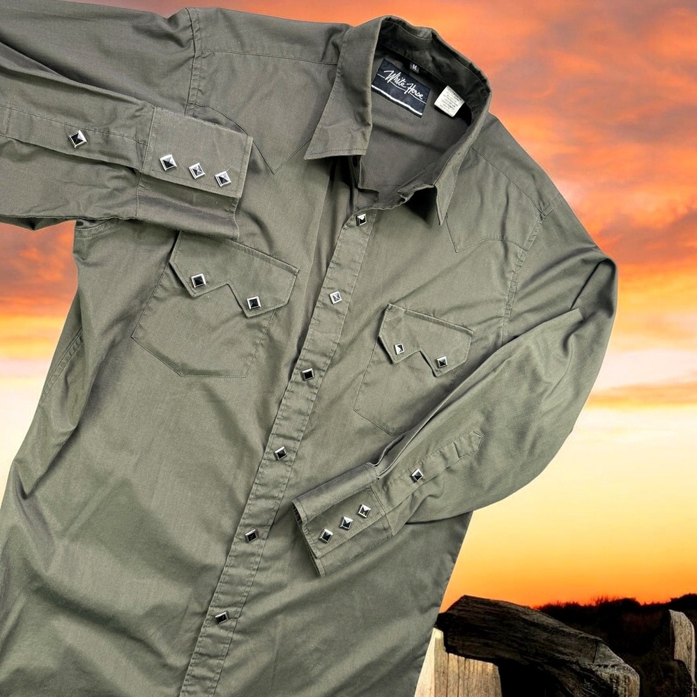 White Horse Shirt Mens M Olive Pyramid Rhinestone Snap Cowboy Western Rockabilly